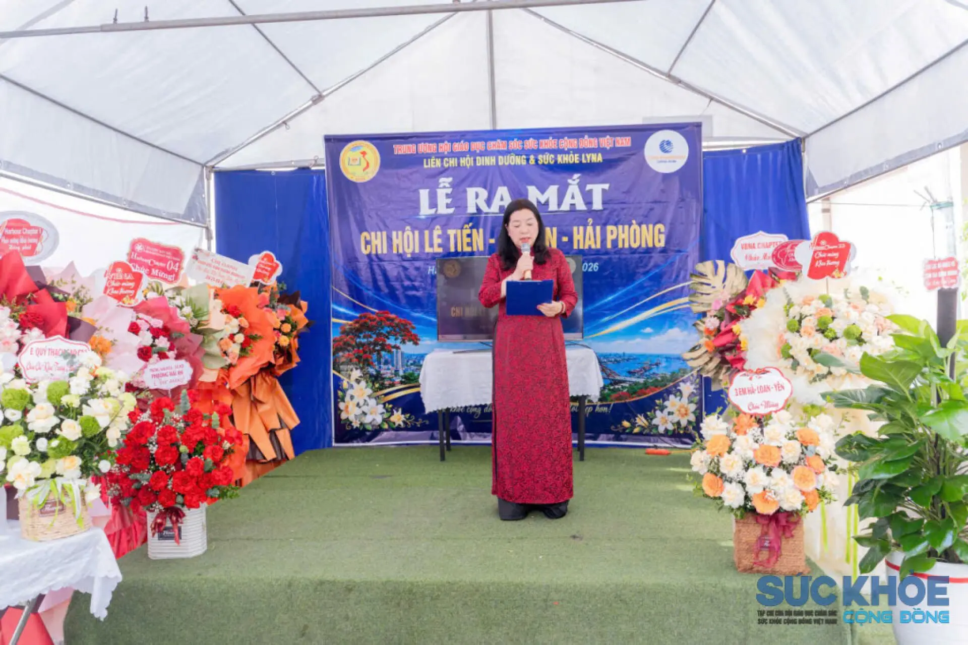 Bà Nguyễn Thị Hay – Ủy viên Ban Thường vụ, Phó Chánh Văn phòng Hội VACHE công bố quyết định thành lập Chi hội Giáo dục Chăm sóc Sức khỏe Cộng đồng Lê Tiến (Ảnh: PV)